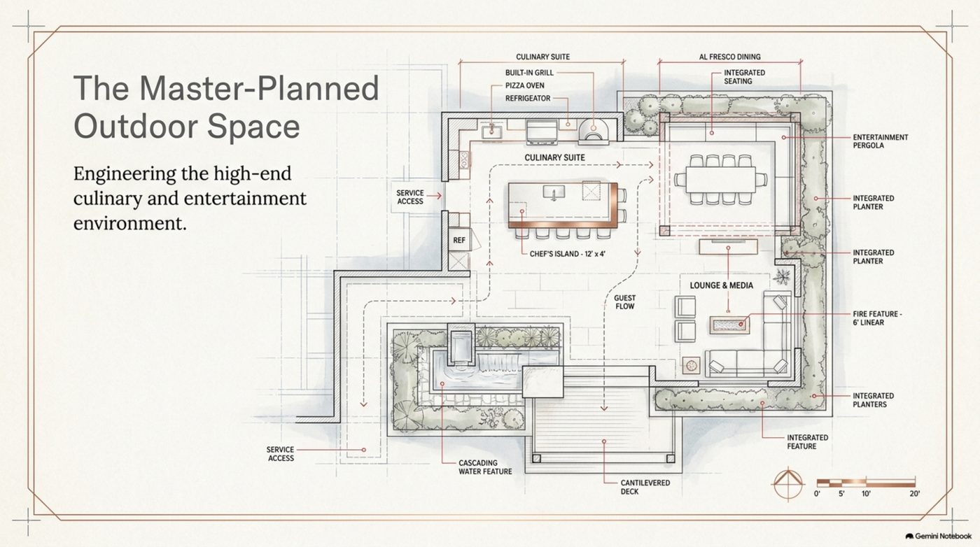 Master plan of an Cedar Park outdoor kitchen showing the bar, grill, prep, dining and lounge zones