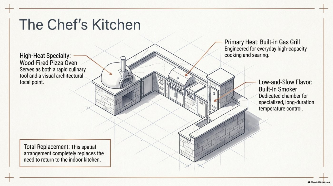 Cedar Park chef's kitchen plan showing the built-in gas grill, wood-fired pizza oven, and built-in smoker on the chef's island