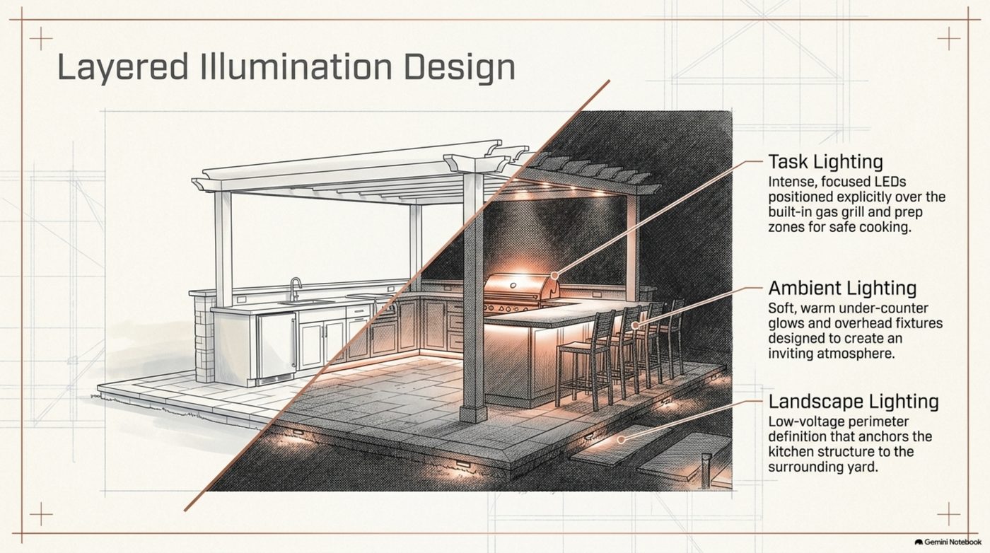 Layered lighting diagram for an Cedar Park outdoor kitchen showing task LEDs over the grill, ambient under-counter lighting, and low-voltage landscape lighting